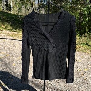 Small Black Ribbed Long Sleeve Top with Lace Trim - NEVER WORN